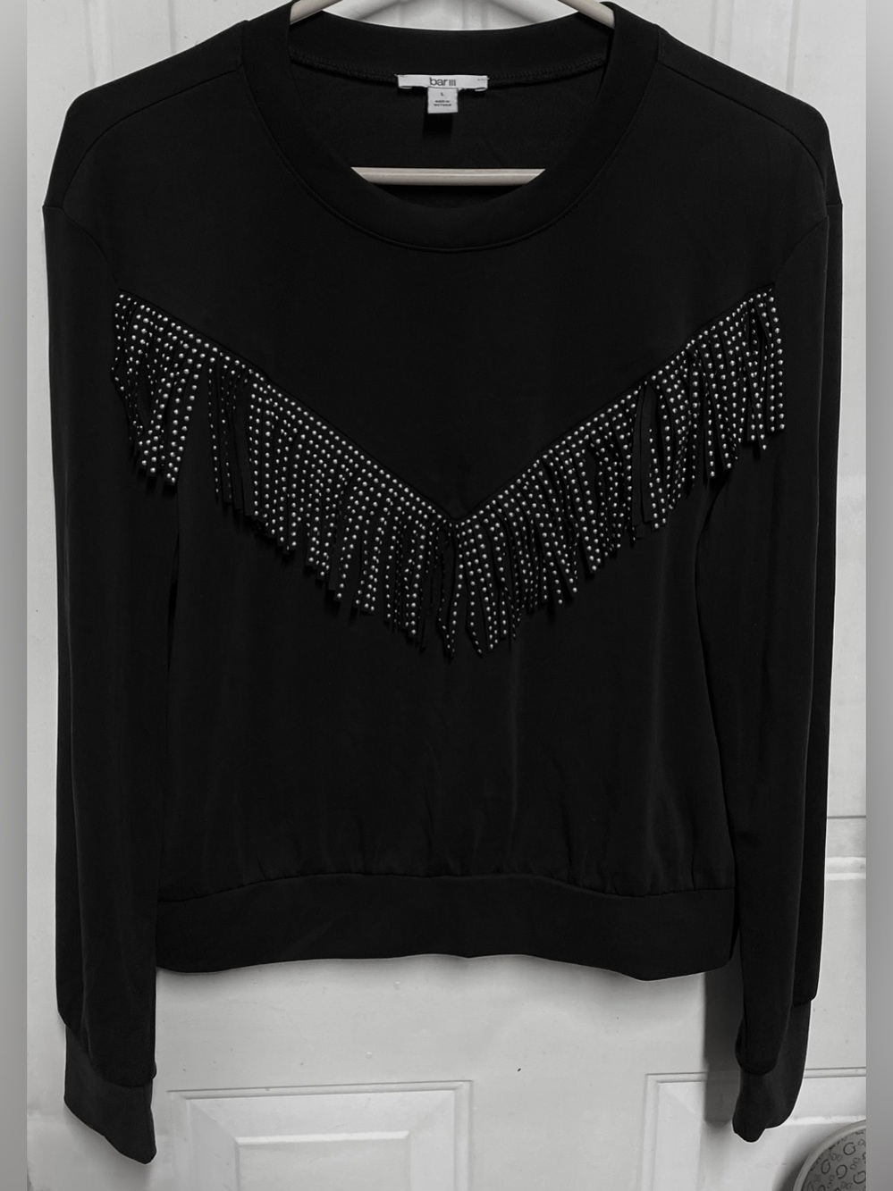 Bar III Black Fringe Studded Sweatshirt Women’s Large Western Glam Pullover